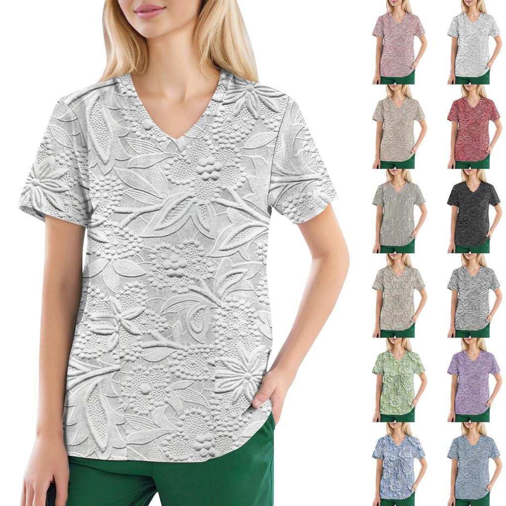 Plus Size Printed Scrub Working Uniform Tops For Women's V-Neck Short Sleeve Fun T-Shirts Workwear Tee With Pockets