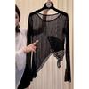 Women Summer Sheer Mesh Butterfly Asymmetrical Long Sleeve Blouse