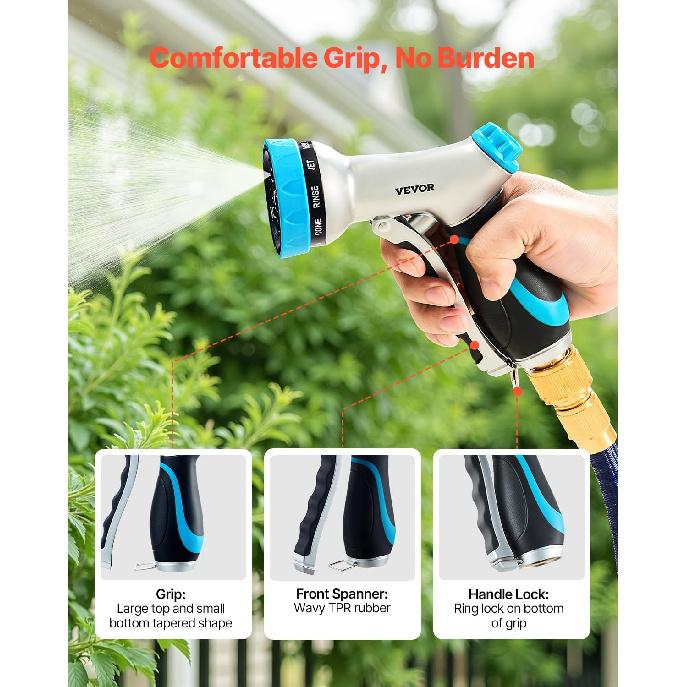 VEVOR Hose Nozzle, 10 Adjustable Spray Patterns, Metal Water Nozzle with Comfortable Ergonomic Grip, Garden Nozzle Sprayer with Flow Control for