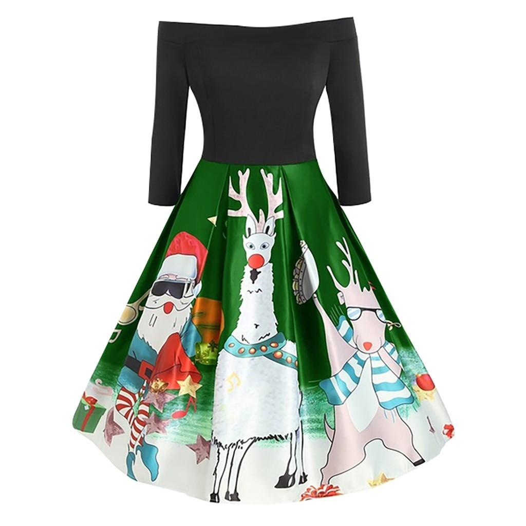 Christmas Women Off Shoulder Print Vintage Evening Party Dress Flare Dress