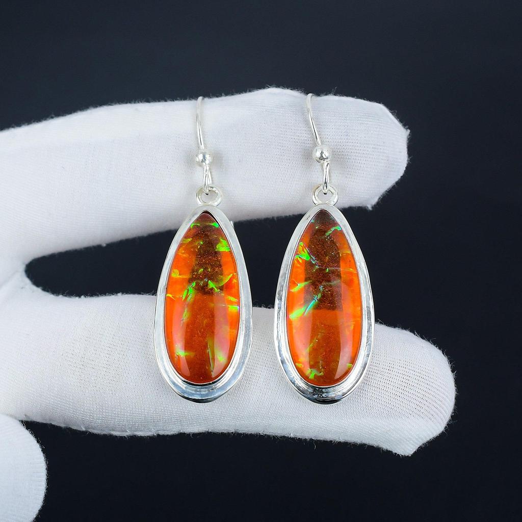 Beautiful Orange Triplet Fire Opal Gemstone 925 Sterling Silver Earring, Handmade Boho Silver Jewelry Dangle Earrings, Wadding Gift