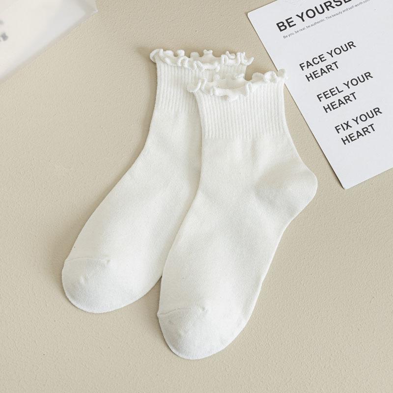 5/10 Pairs Comfortable Casual and Versatile Women's Mid Calf Socks for Spring and Summer Solid Color Lace Trimmed Socks Breathable Cotton Socks