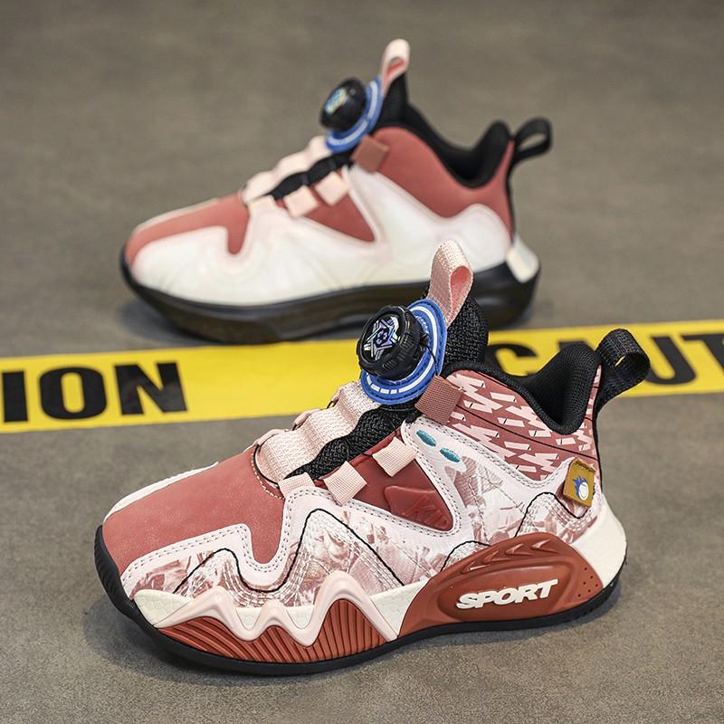 Children's basketball style sports shoes Boys' tide shoes 2025 autumn and winter primary school students leather running shoes rotating buckle middle