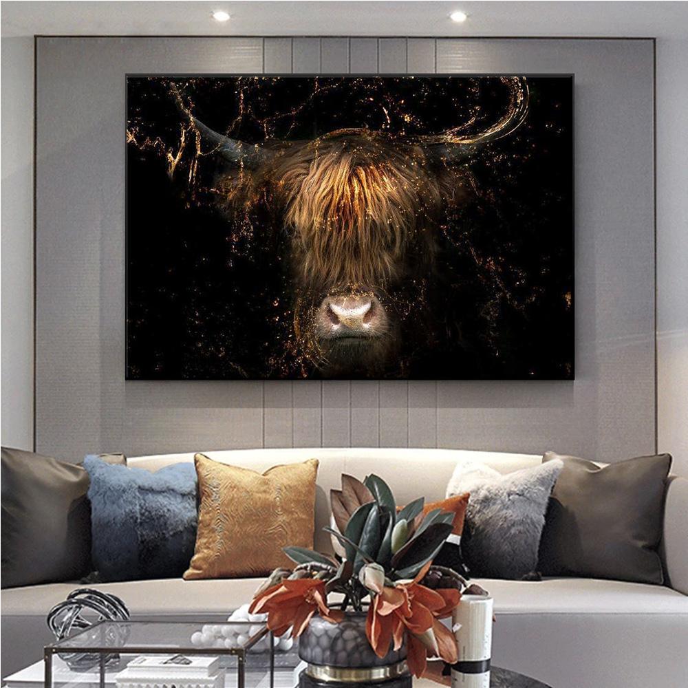 Gold Big Horned Animal On Black Background Prints Poster Canvas Painting Modern Wall Art Pictures Living Room Bedroom Home Decor