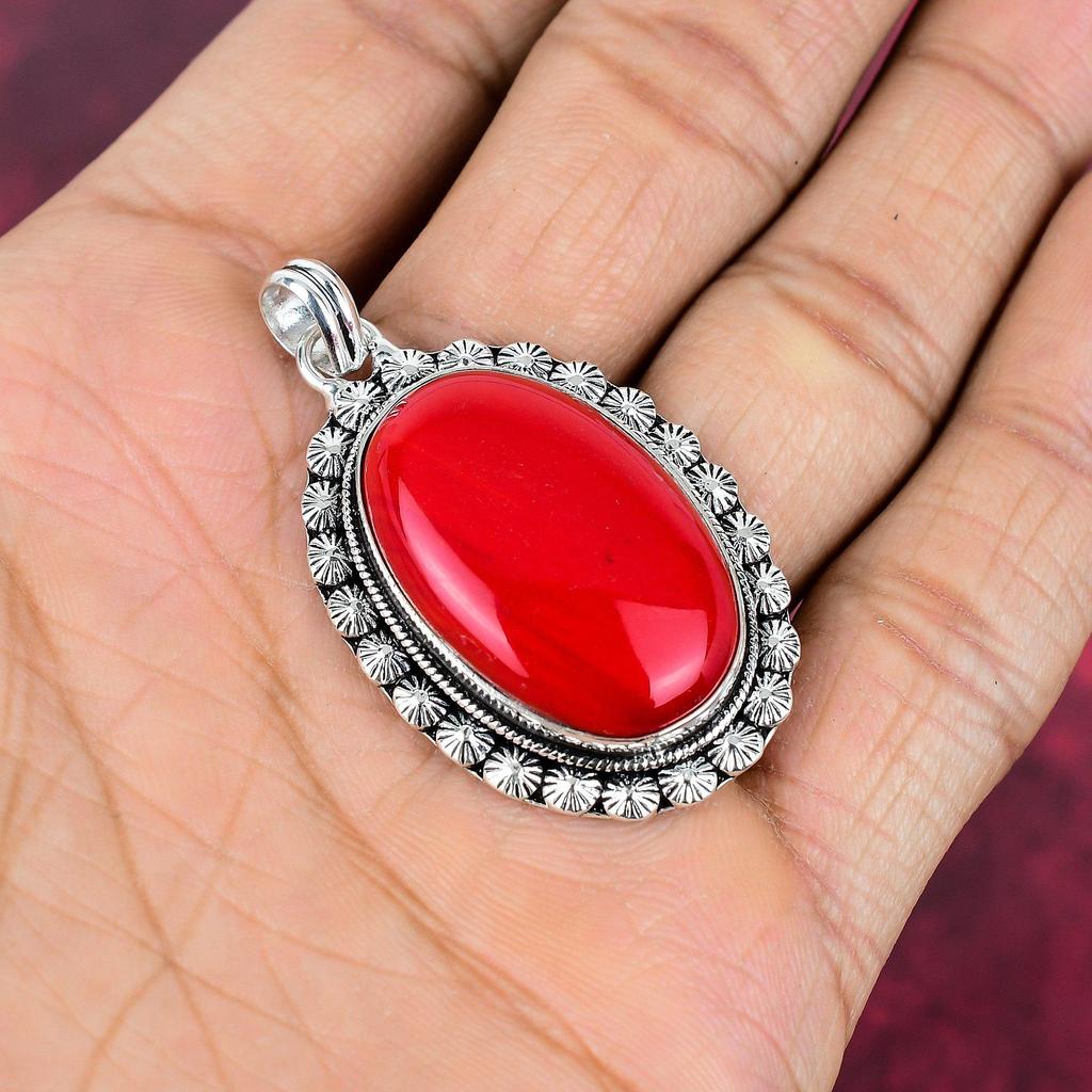Roter Koralle Handgemachter Edelstein Anhänger, 925 Sterling Silber Anhänger Antiker Schmuck, Für Verlobungsgeschenk