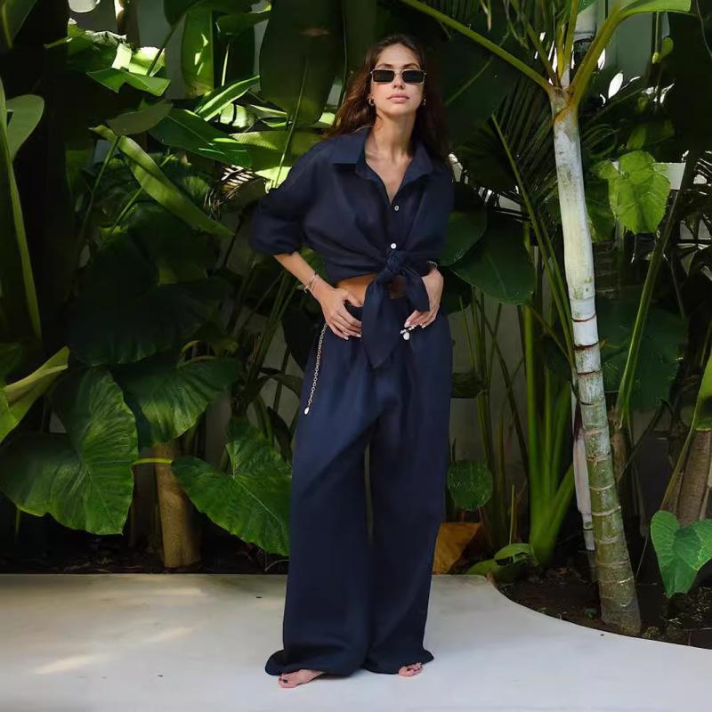 Tooxika Ladies Nova Camisa Solta de Algodão + Conjunto de Calças Largas