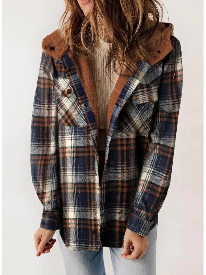 

Women s Plaid Hooded Jacket: 2025 Autumn/Winter Casual Fuzzy Long Sleeve Coat with Pockets XXL