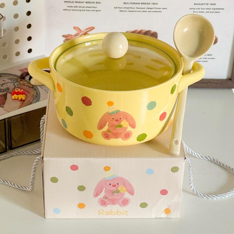 Cute Polka Dot Binaural Instant Noodle Bowl with Cover Student Dormitory Large Capacity Instant Noodle Bowl Personal Special Snail Powder Bowl