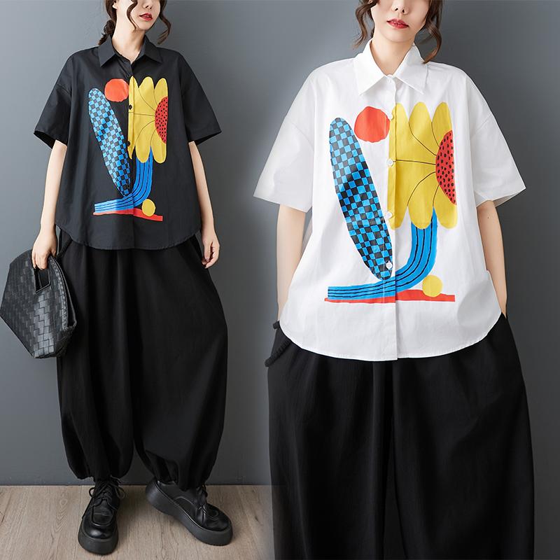 DIMANAF 2026 Plus Size New Summer Blouse Shirt Print Short Sleeve Casual Women Loose Tops Shirts Cotton