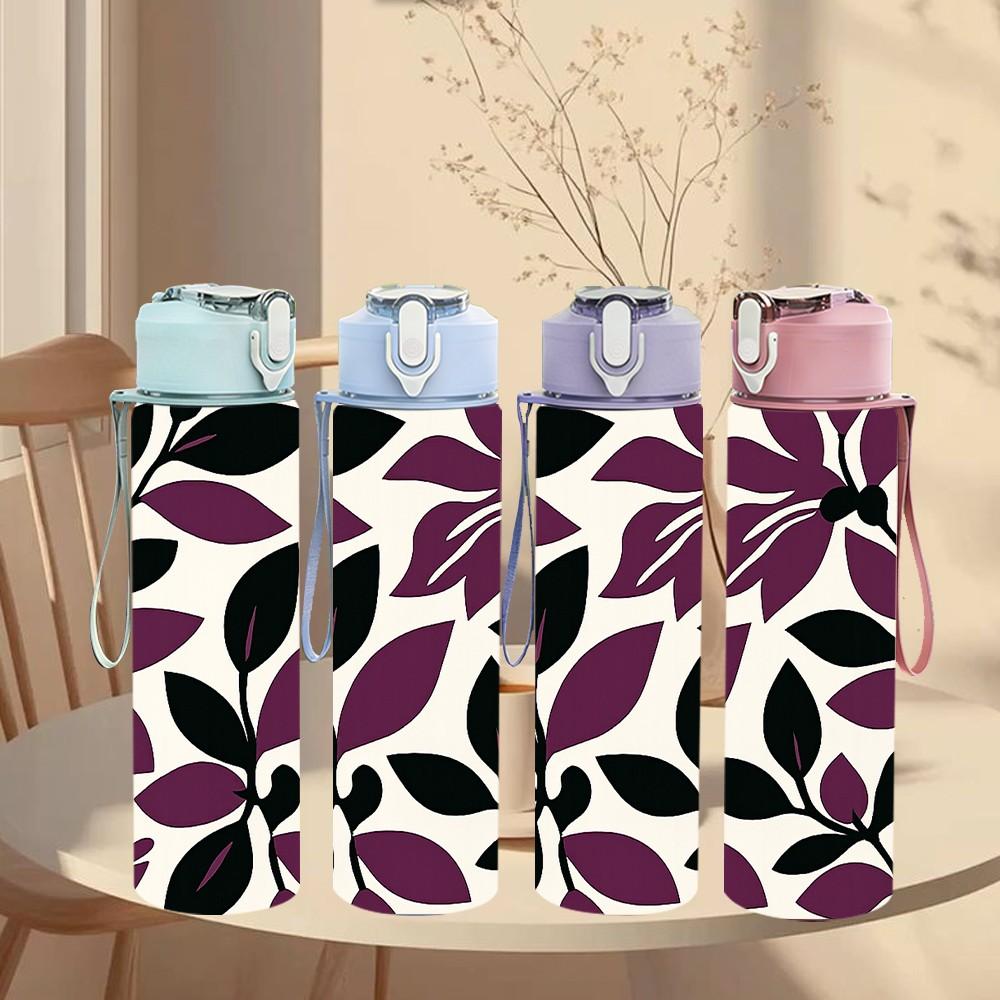 1PC Purple Floral Repeat Pattern 750ml Color Plastic Sports Water Bottle Leakproof Flip Straw Lid Suitable for Sports Office Home Use