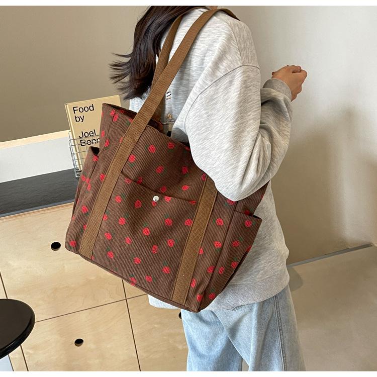 Strawberries Corduroy Handbag Sweet Women's Bag Fashionable Versatile Shoulder Bag Beautiful Simple Commuter Women's Tote Shopping Bags