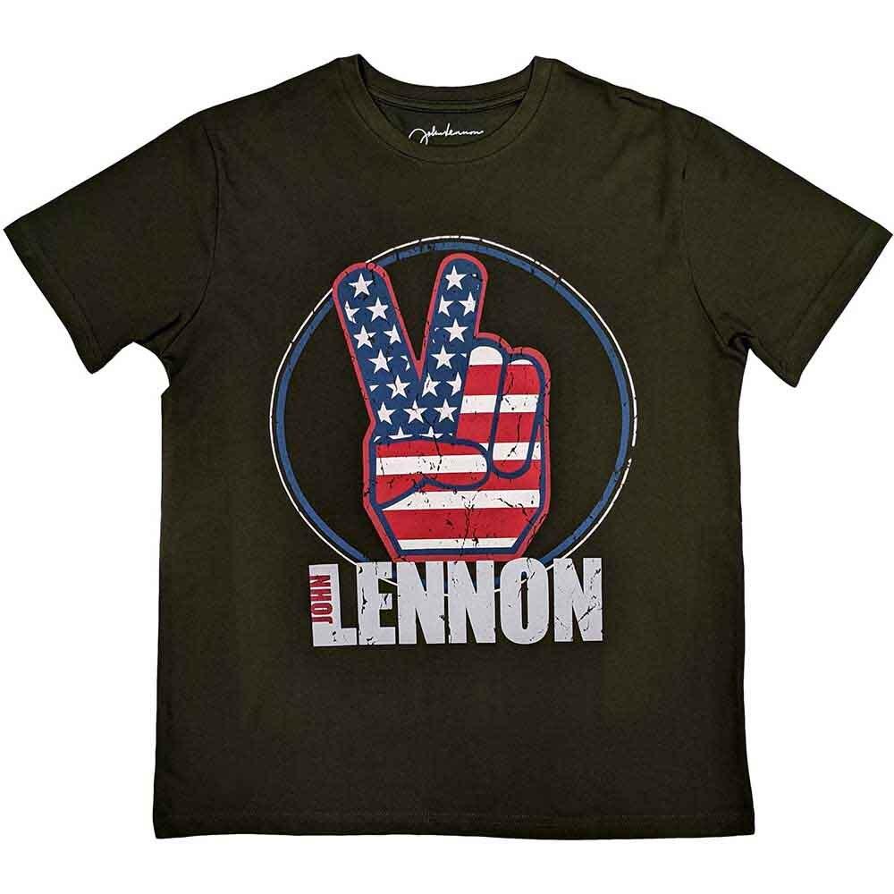 John Lennon Peace Fingers US Flag T-Shirt Green New L