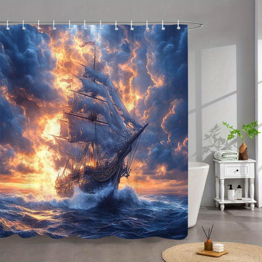 1pc Sunset Sailing Shower Curtain - Three-Masted Ship at Golden Hour with Dramatic Pink Purple Clouds & Turbulent Waves