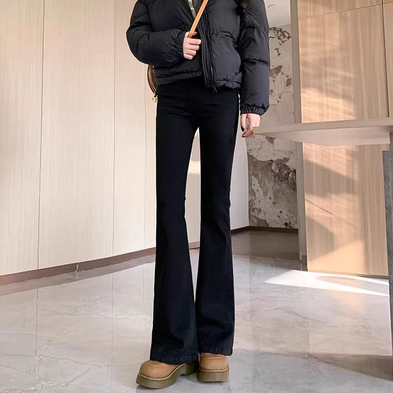 Women's Blue Fleece-Lined High-Waisted Micro-Flare Jeans for Petite - Slim Fit, Stretchy, Spring/Autumn 2026.