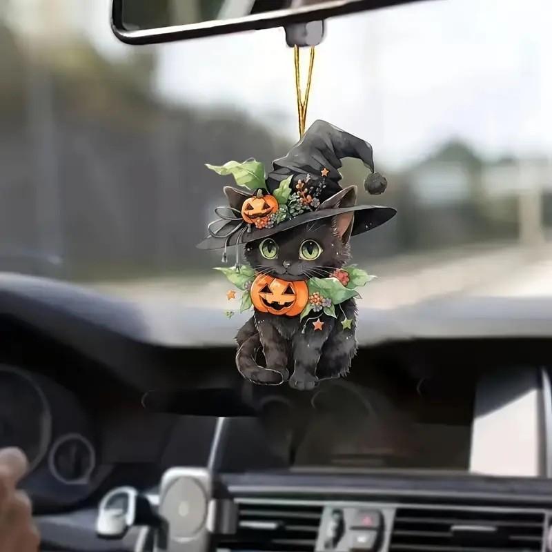 Flat Acrylic Surface Pendant With Halloween Cat Pumpkin Design For Decor Auto