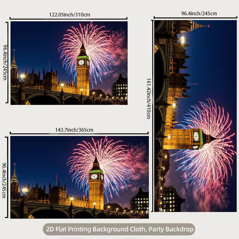 2D UK-Themen-Wandteppich, Big Ben mit Feuerwerk und Westminster Bridge