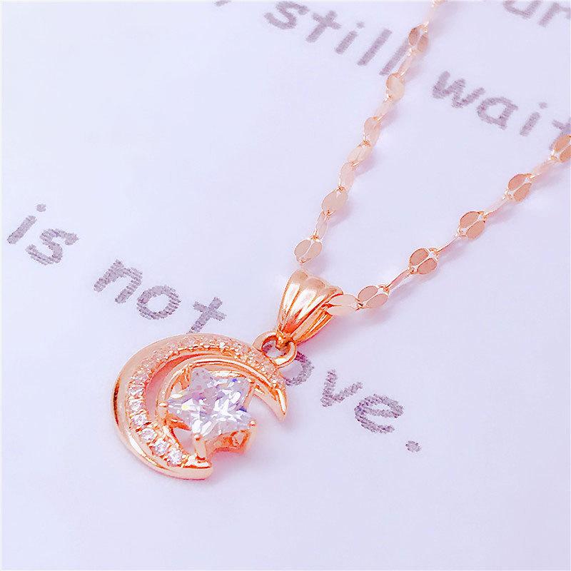 Exquisite Russian 585 Purple Gold Inlaid Zircon Star Moon Pendant Rose Gold-Plated Versatile Exquisite Collarbone Chain