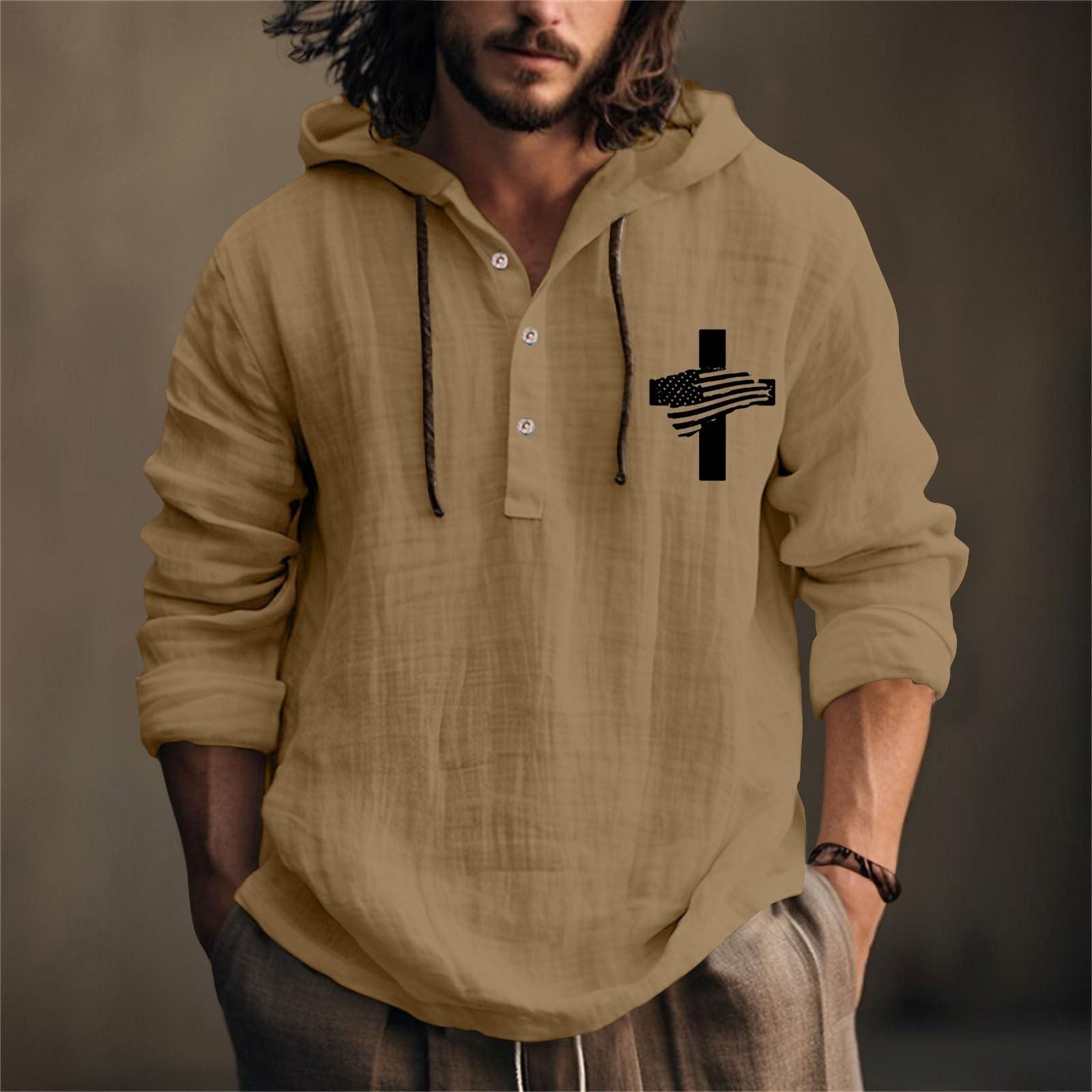 

Мужская рубашка из хлопка и льна с принтом «День независимости», с капюшоном, с длинными рукавами, повседневная одежда для весны и лета S хаки