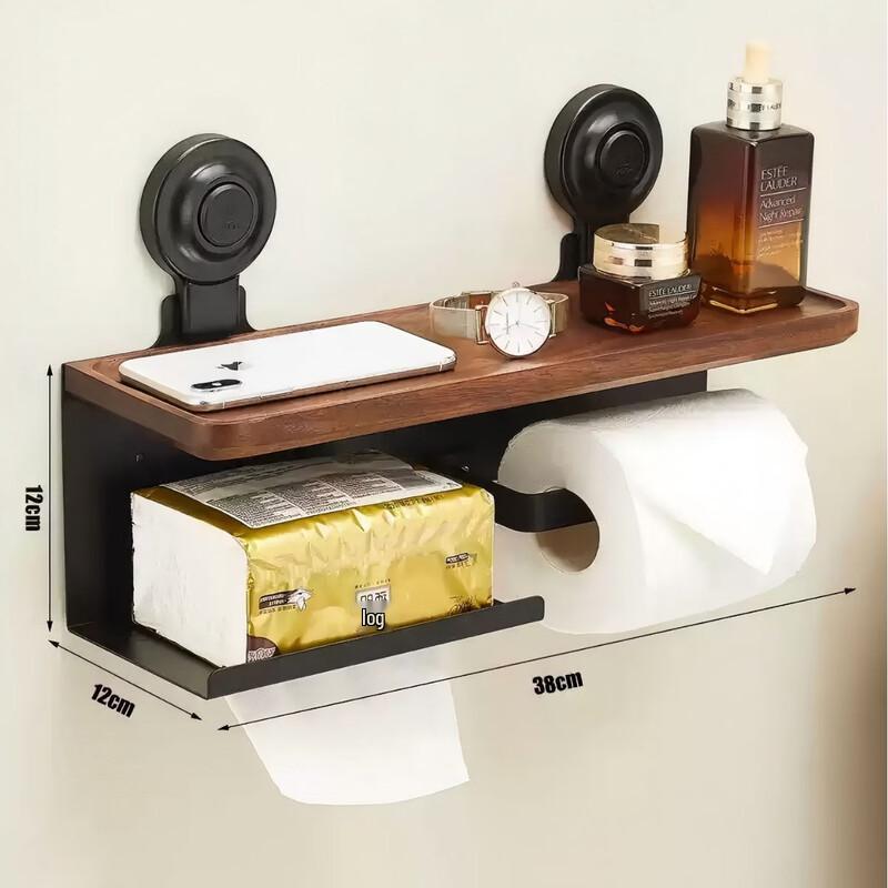 Hanton Walnut Wood Suction Cup Double Toilet Paper Holder