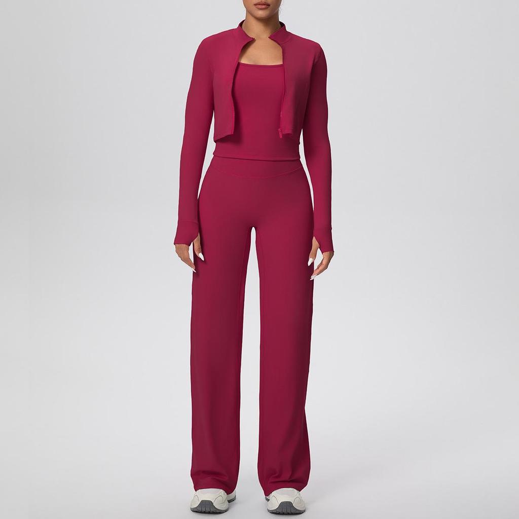 Women's High-Waisted Yoga Set: I-Beam Vest, Wide-Leg Pants, Skin-Friendly Sports Zipper Jacket