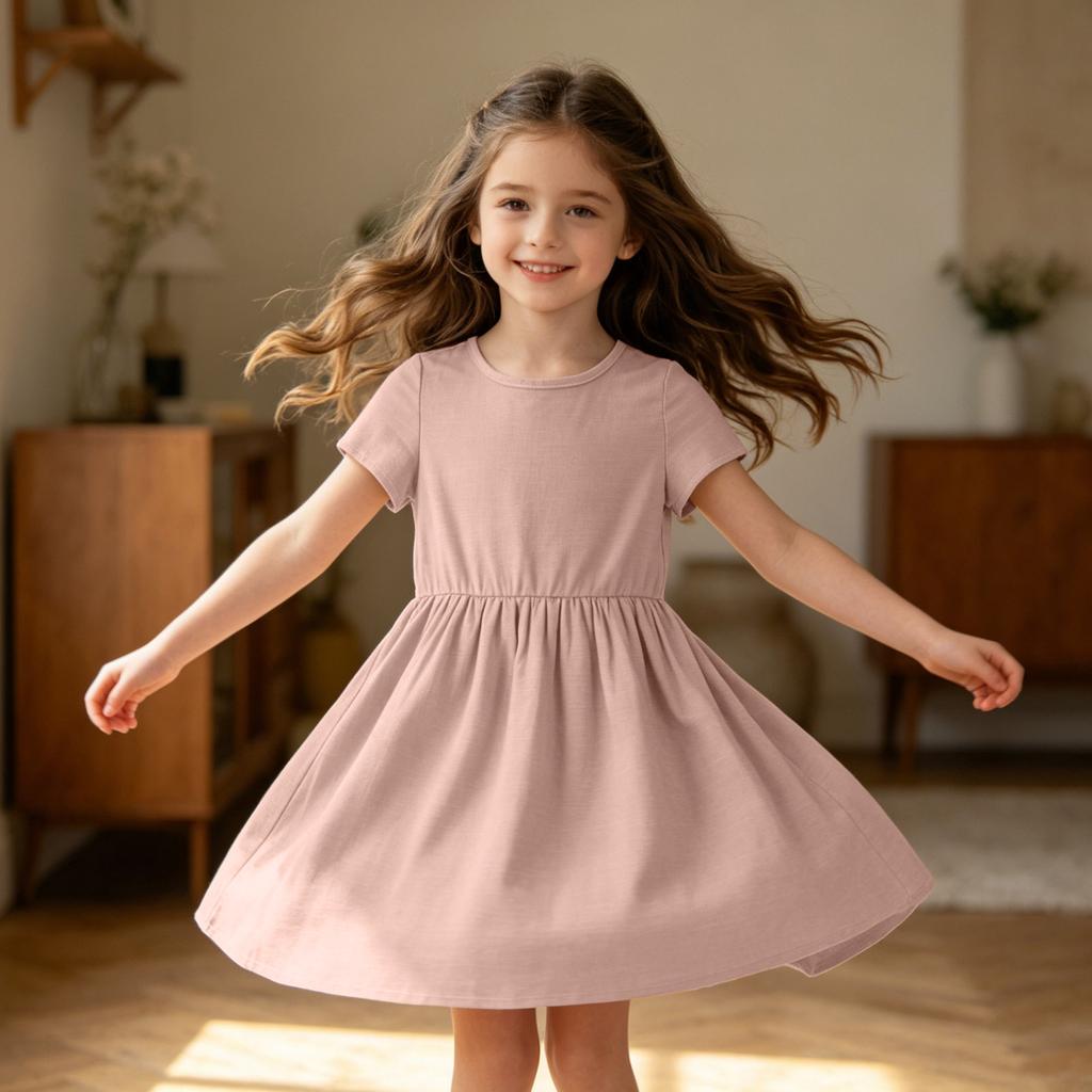Mädchen Kurzarmkleid Lässig Lockerer Schnitt Atmungsaktive Baumwoll-Leinen-Mischung Sommerkleid mit Raffung in der Taille und Rundhalsausschnitt für den täglichen Gebrauch