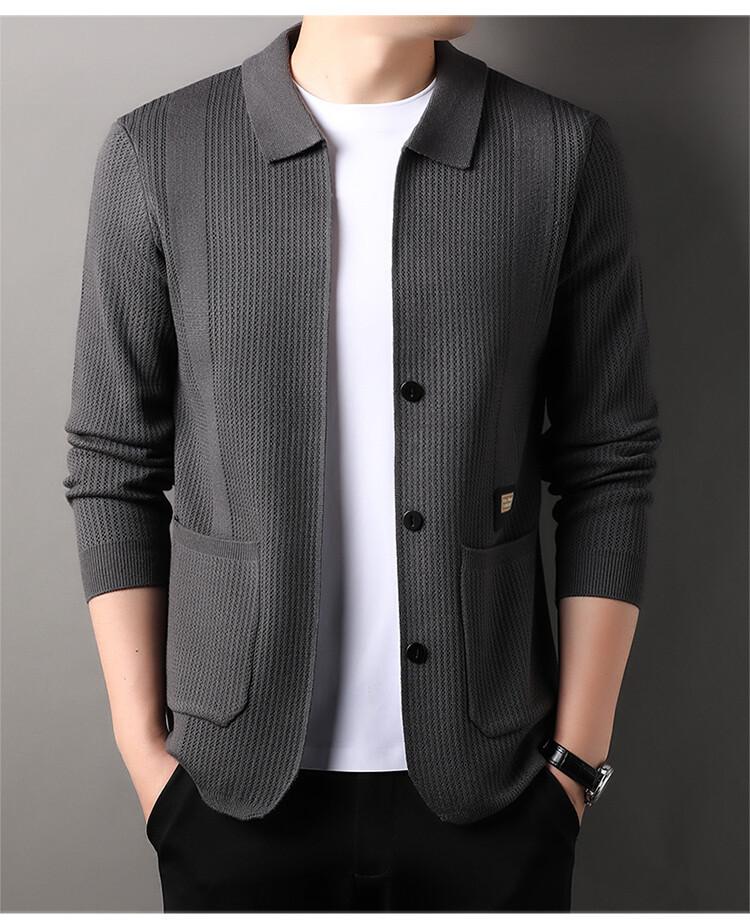 Мужской тонкий жаккардовый кардиган средней и высокой ценовой категории на весну и осень с настоящим карманом и наклейкой повседневный свободный простой трикотажный с длинными рукавами M 3149₽