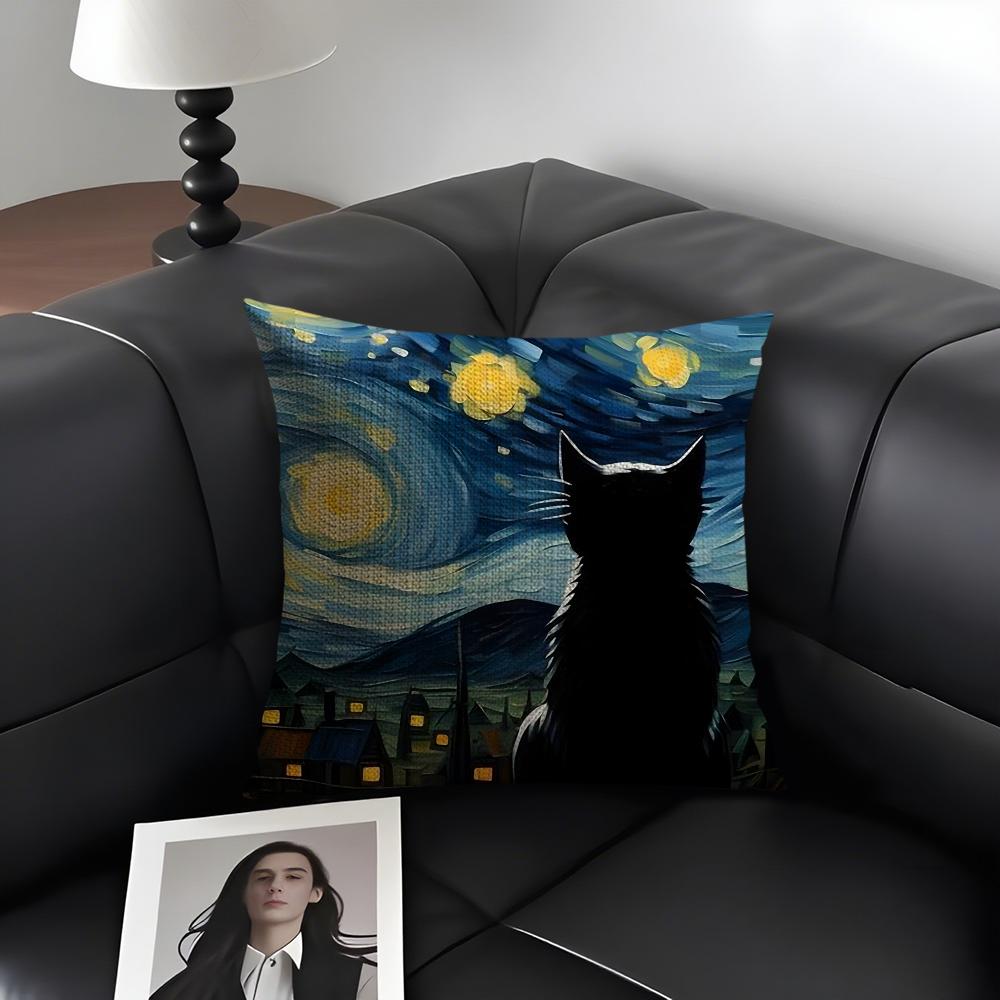 Black Cat Cute Cushion Cover Natural Linen Organic Fabric DoubleSided Printing Sofa Home Decor Gift Pillow Case