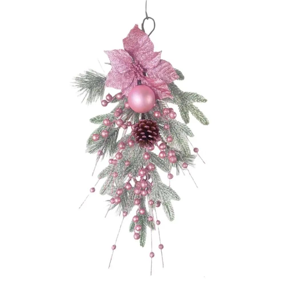 

Pink Christmas Flowers with Electroplated Balls Snow Flocking, Vines Decor Frost PE Rings Garland Pine Rattan Needles X8I8