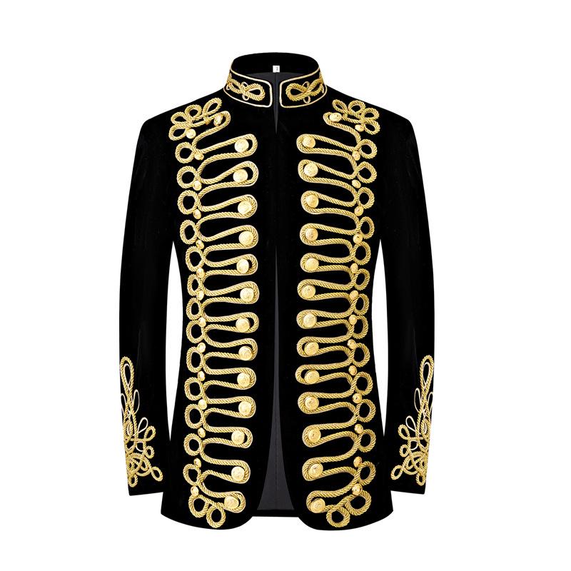 Men's Retro European Velvet Military Jacket with Gold Embroidery