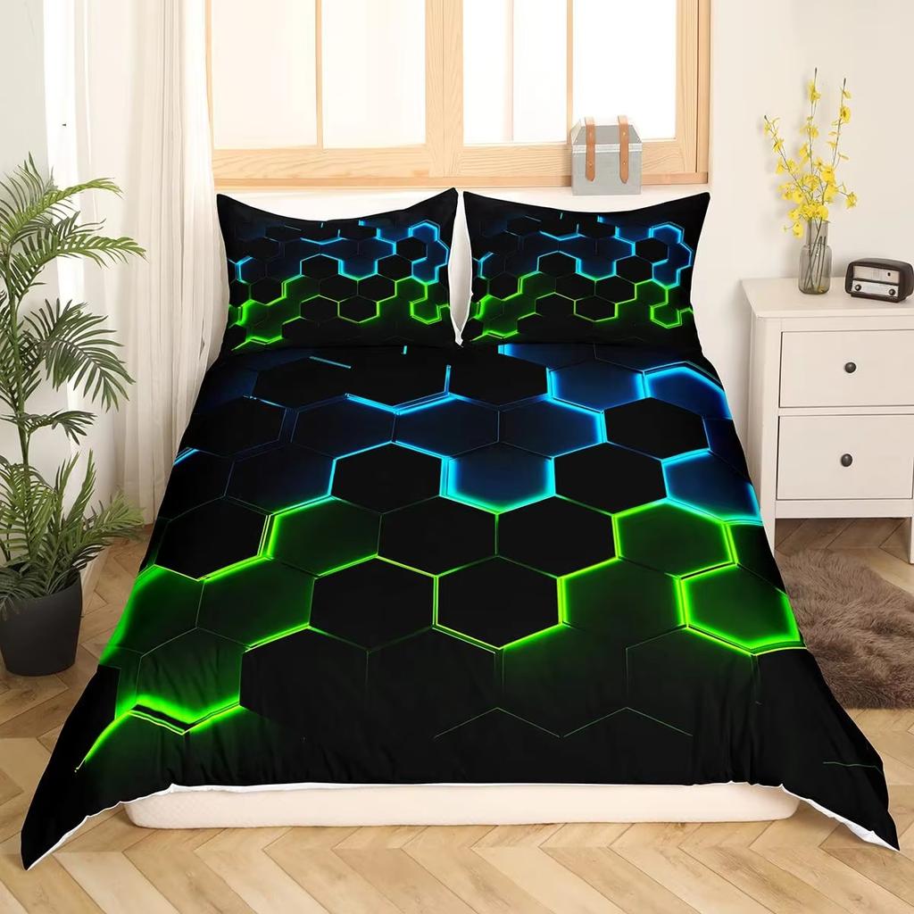 Black Square Geometric Duvet Cover Set 3D Square Pattern Comforter Cover Kids Teenagers Boys Bedroom Decor Blue Creative Bedding
