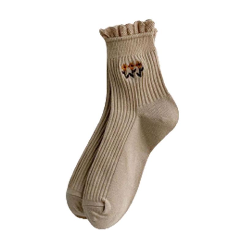 Ladies Tube Socks Embroidered Flower Socks Double Needle Pure Color