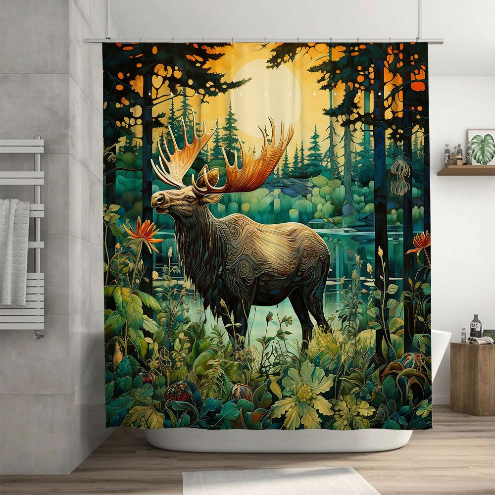 Stunning Forest Deer Shower Curtain Vivid Moonlit Landscape Decor For Bathroom Printed Fabric Waterproof Bath Mat Cover With Hoo