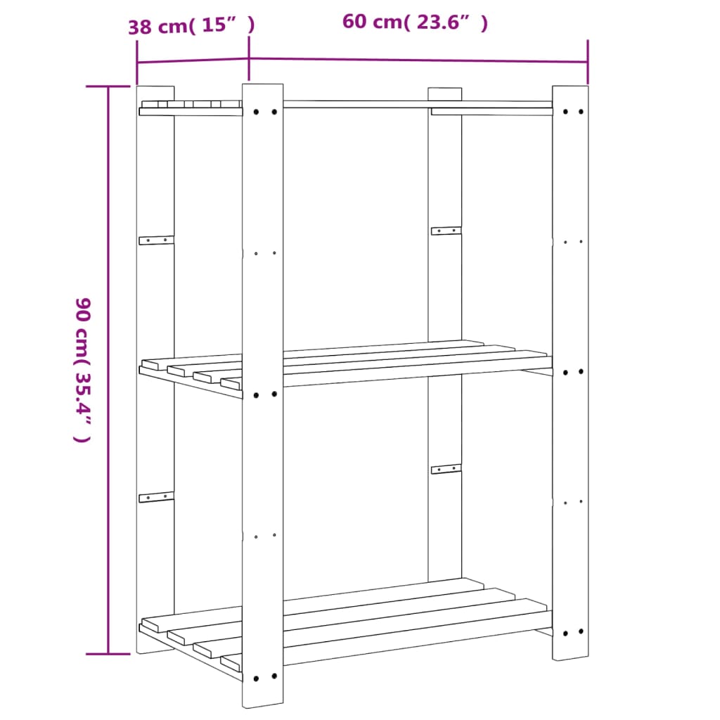 3 Shelf Storage Shelf in Grey 60 x 38 x 90 cm Solid Pine Wood