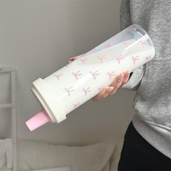 Pink Bow Print Water Bottle with Straw Lid 700ml Cute