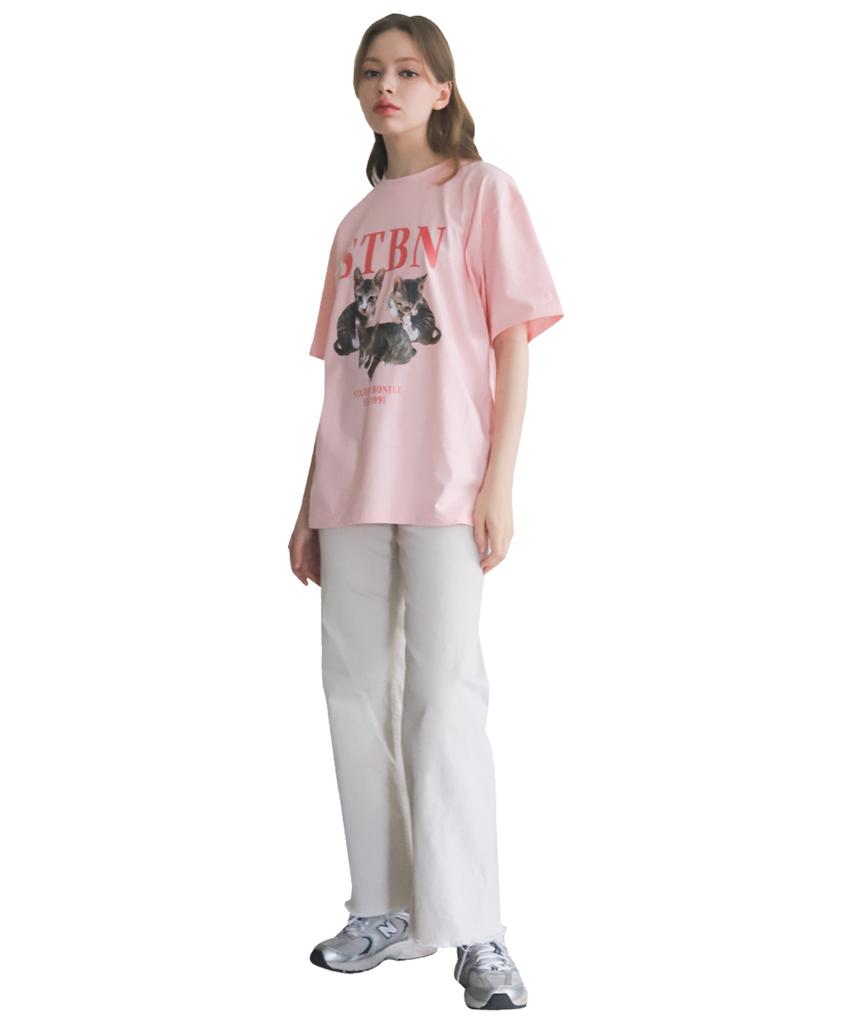 BONIEE Wooden Kitten Collage Cat Graphic Loose T-Shirt Pink