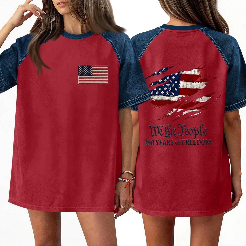 Denim Patchwork Shirts For Women Stand Collar Casual Blouse Short Sleeve Comfy Tshirt Spring Summer Fashion