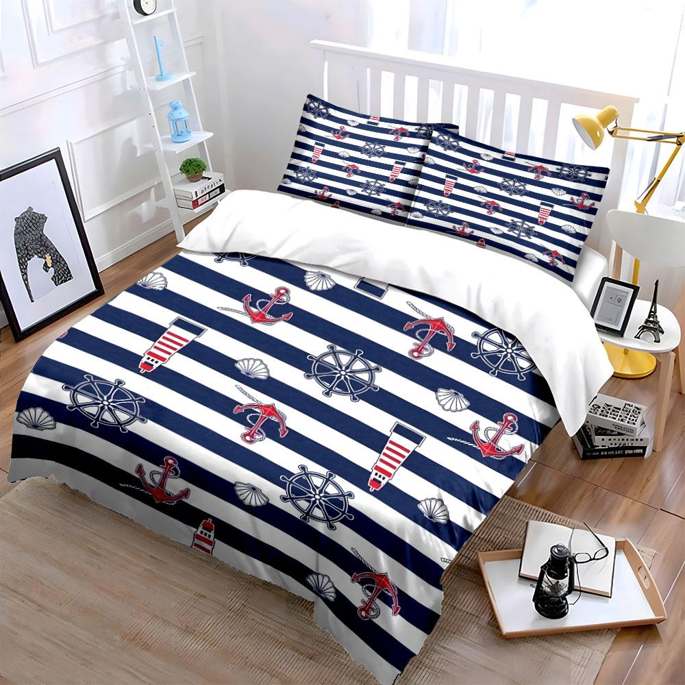 3Pcs Navy Striped Anchor Lighthouse Duvet Cover Set Nautical Wheel Seashell Bedding Single Double King Queen Gift