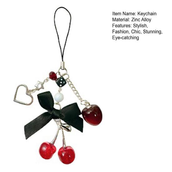 Nyckelring med körsbärspärlor för kvinnor flickor Söt röd körsbärsfruktväska Berlock med rosett Svart stjärna Nyckelring för plånbok Väska Ryggsäck Handväska Tillbehör