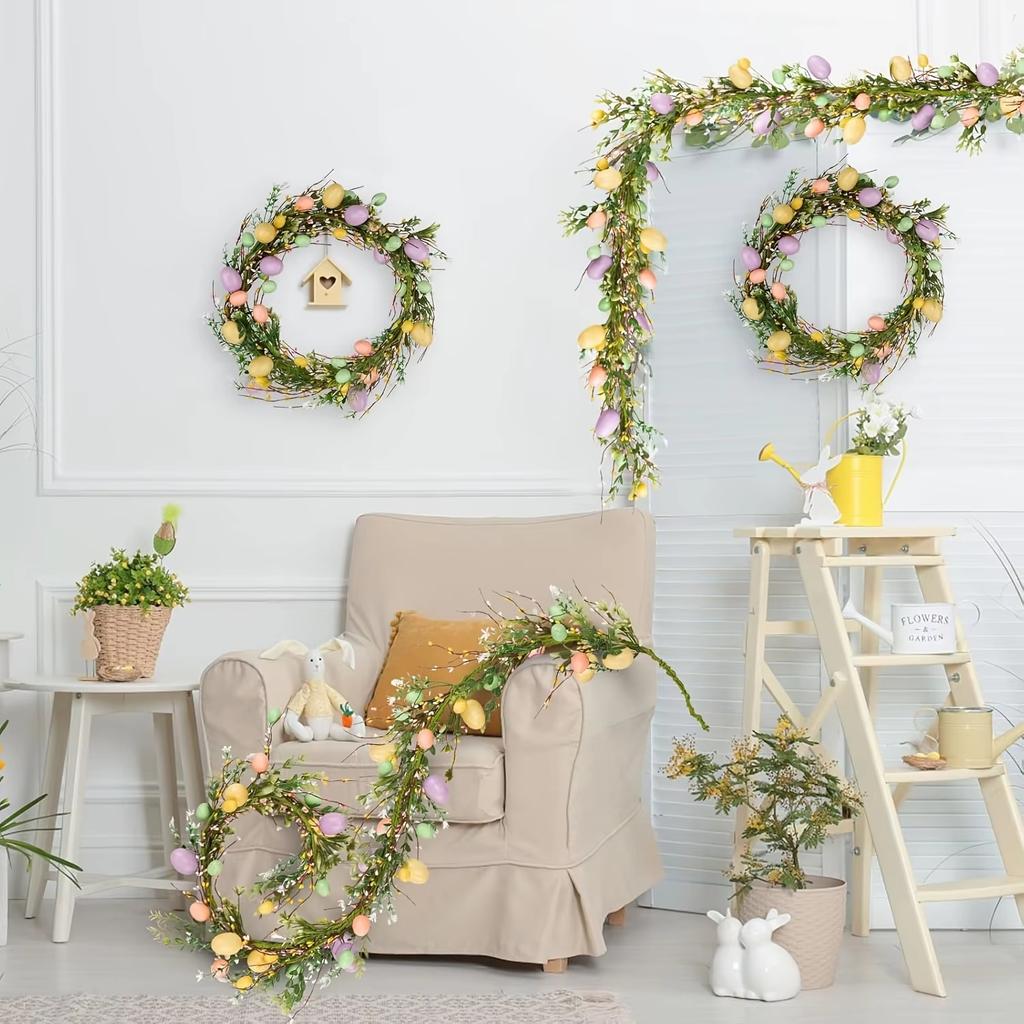 Colorful 5.9ft Artificial Easter Egg Wreath - Rustic Spring Vine Decoration for Holiday & Table Centerpiece, Decoration, 1pc