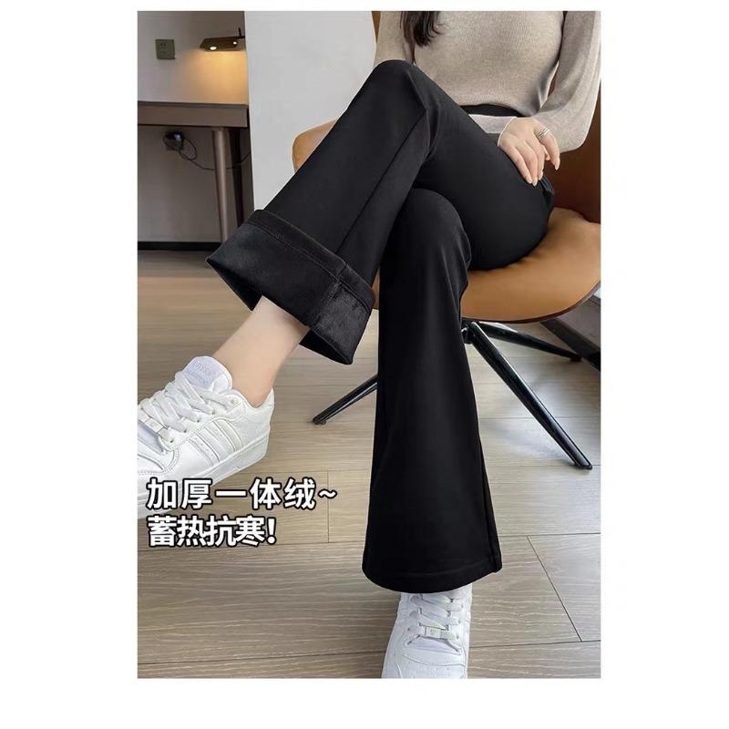Women Solid High Waist Thick Fleece Flared Casual Long Pants