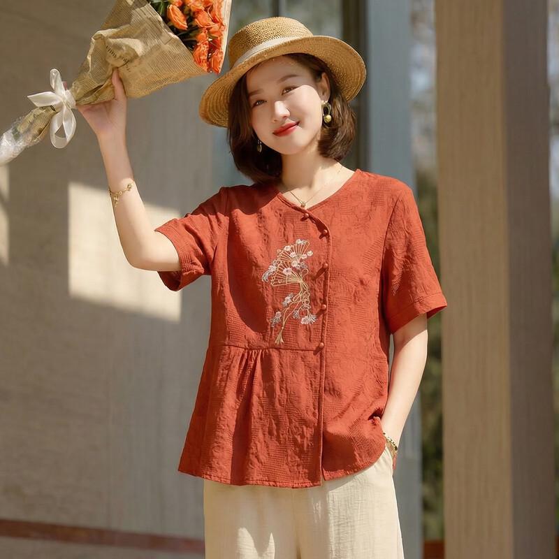 BAOLIANDUO Women s Embroidered Cotton T-Shirt 3XL