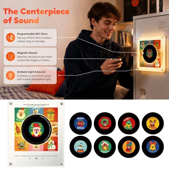Vintage Style Desk Accessory Programmable Vinyl Record Player Fridge Magnet with 9 NFC Music Records, Retro Aesthetic Magnetic Office Atmosphere Decor