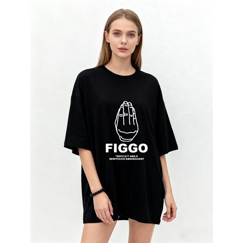 Oversized T Shirt Black Figgo Hand Print With Text Statement Graphic Tee For Casual Wear Streetwear Fashion Unisex Top