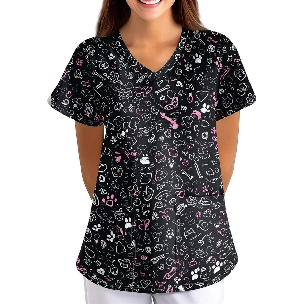Women's V Neck Floral Print Short Sleeve Medical Scrub Top with Pocket Vintage Style Comfortable Fit Nursing Workwear