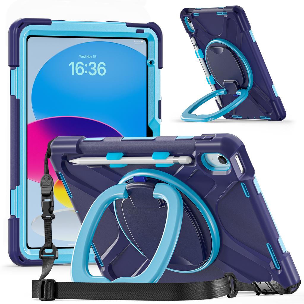 For iPad (2025) / 10.9 (2022) Case with Shoulder Strap TPU + PC + Silicone Kickstand Tablet Cover