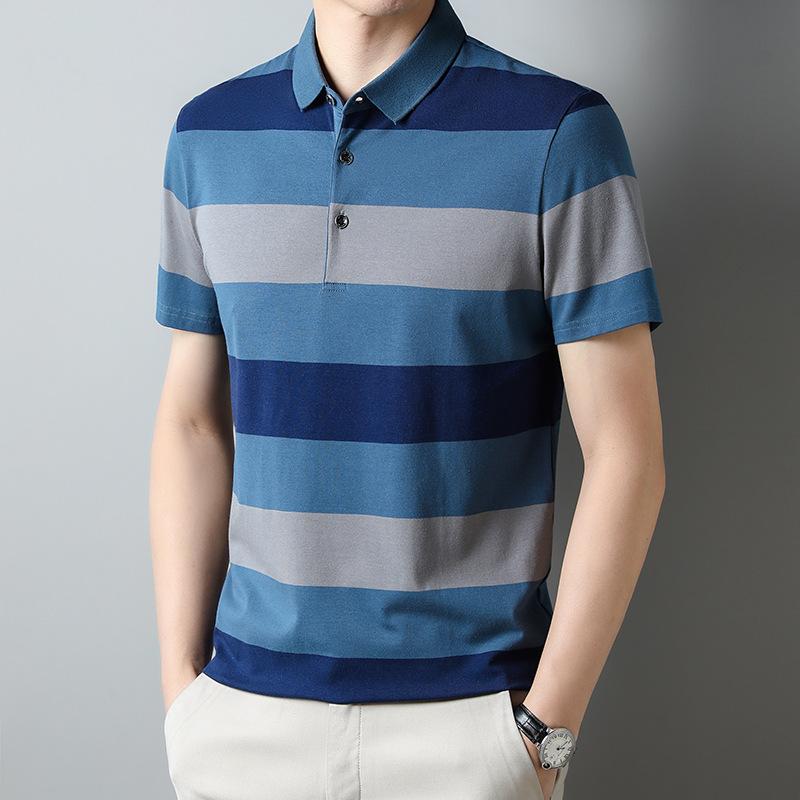 

Высококачественная мужская полосатая футболка с коротким рукавом, тонкий хлопковый дизайн, деловой отложной воротник, мужская футболка поло, XXXXL