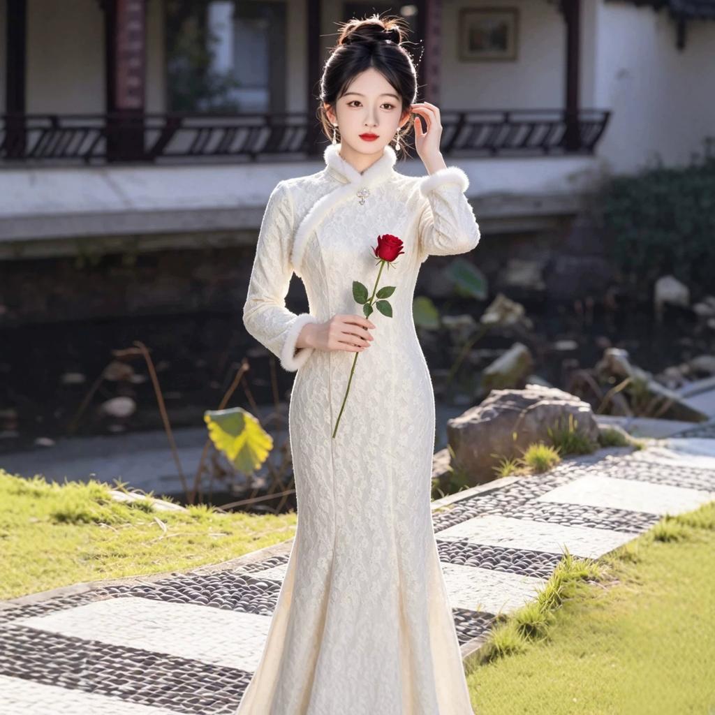 White cheongsam 1011 new improved young new Chinese style plain and elegant age-reducing velvet winter fishtail long-sleeved cheongsam