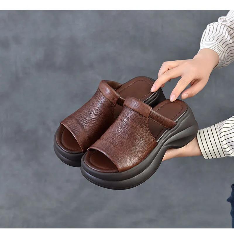 Johnature Genuine Leather Retro Thick Soled Peep Toe Outdoor Slippers Versatile Women's Slip-on Shoes