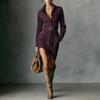 Herbst- und Winter-Retro-Stil Revers Taille Mittellang Dreifarbiges Kleid Doppeltasche Einreiher Gürtel Hemdkleid