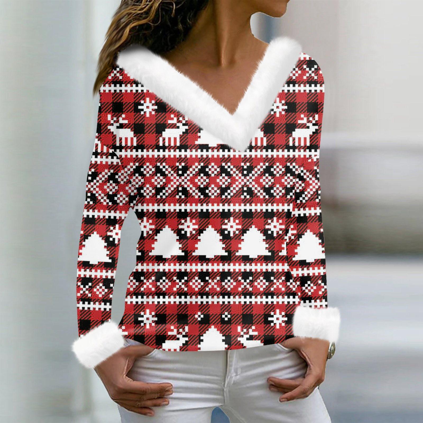 

Женская футболка с рождественским принтом, длинный рукав, флисовый воротник, V-образный вырез, футболка L винный